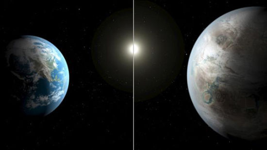 An artistic illustration compares Earth (L) to a planet beyond the solar system that is a close match to Earth, called Kepler-452b in this NASA image released on July 23, 2015. [Photo/Agencies]